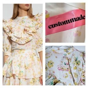 Custommade Womens Delva Floral Ruffle Blouse Size  M 38 White Pink Yellow Cotton